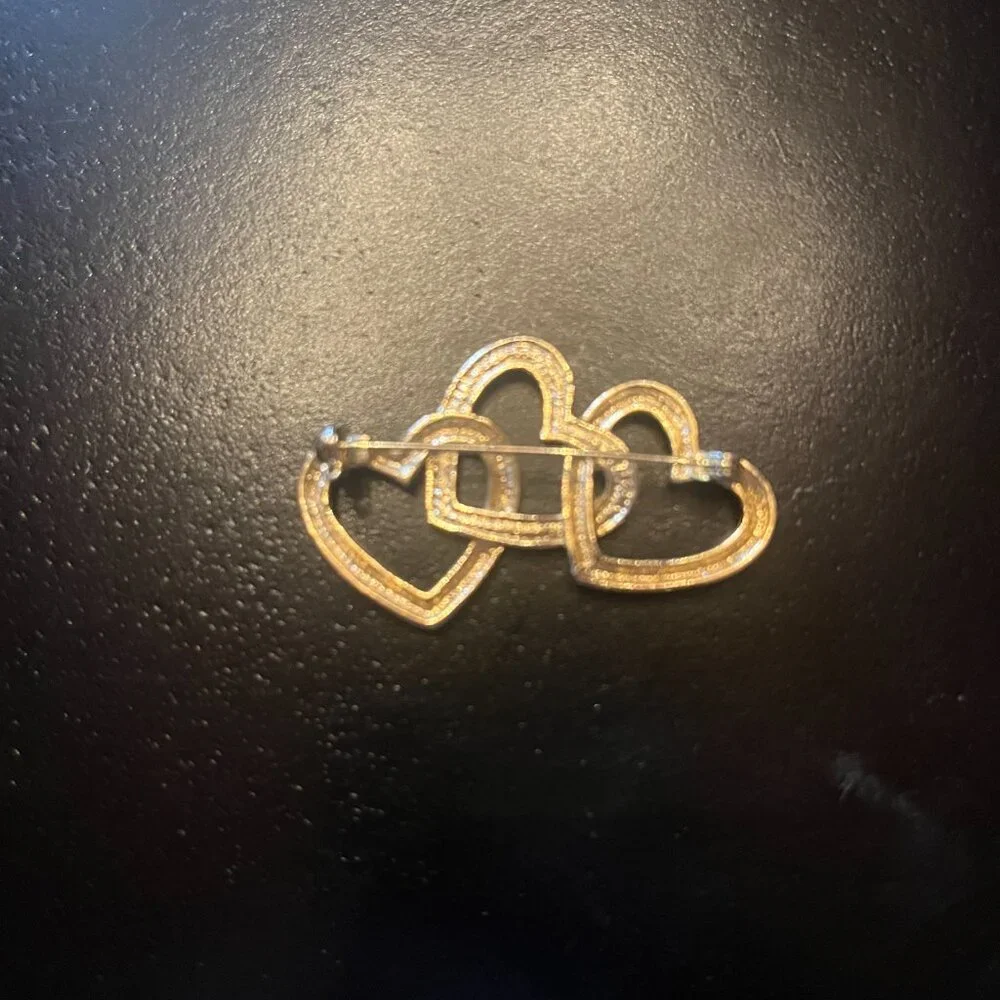 Triple Heart Gold Tone Brooch with Rhinestones